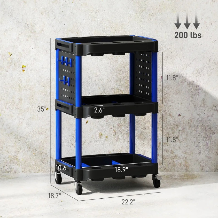 3Tier Rolling Tool Cart 200 LBS Capacity Plastic Utility Cart with Side Shelves for Garage Workshop Black Dark Blue