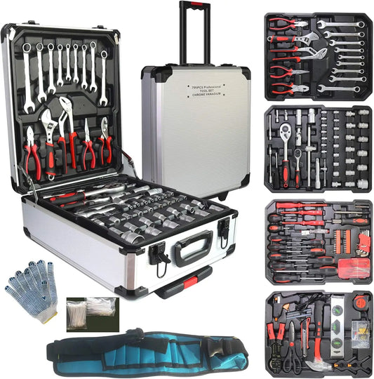 799pcs Aluminum Trolley Case Tool Set Silver House Repair Kit Set Household Hand Tool Set with Tool Belt Gift on Father's Day (S