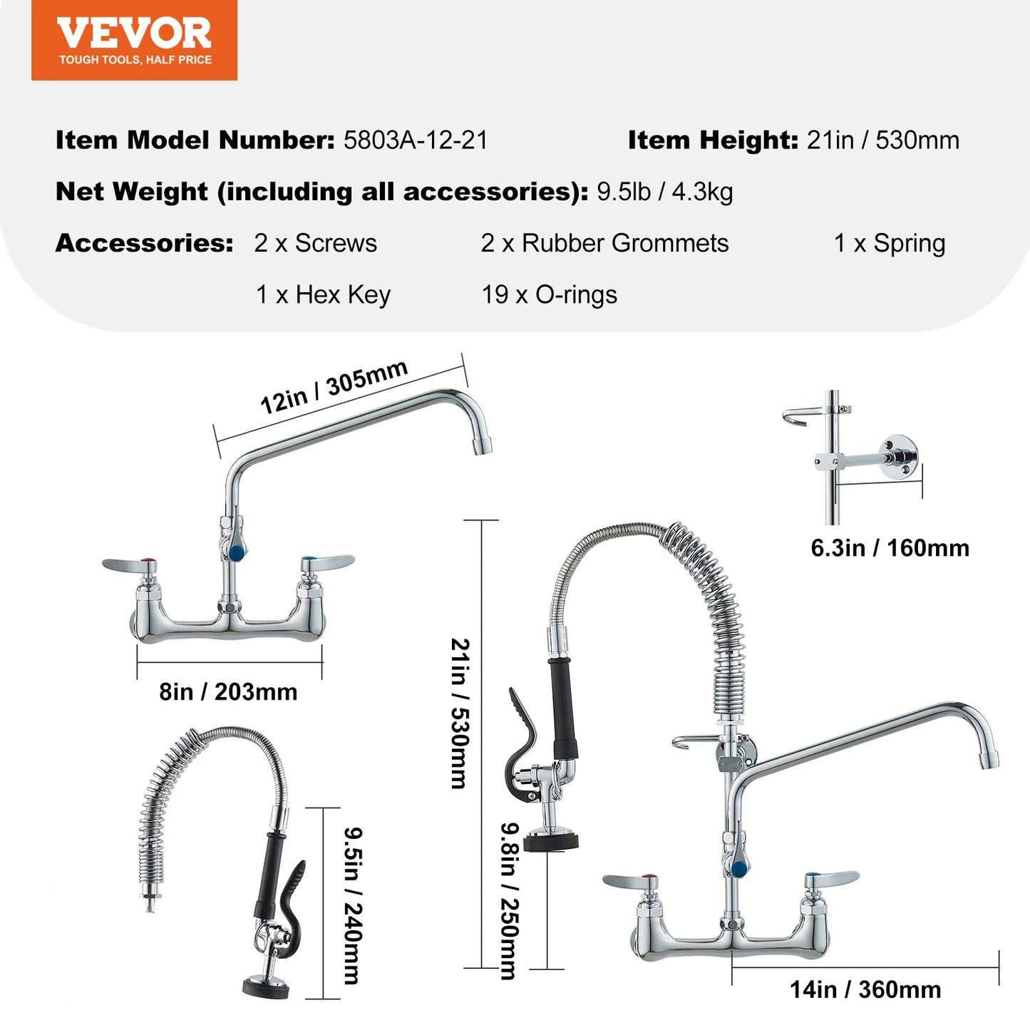 SucceBuy Commercial Faucet with Pre-Rinse Sprayer Wall Mount Kitchen Sink Faucet Brass Constructed Device with Pull Down Spray