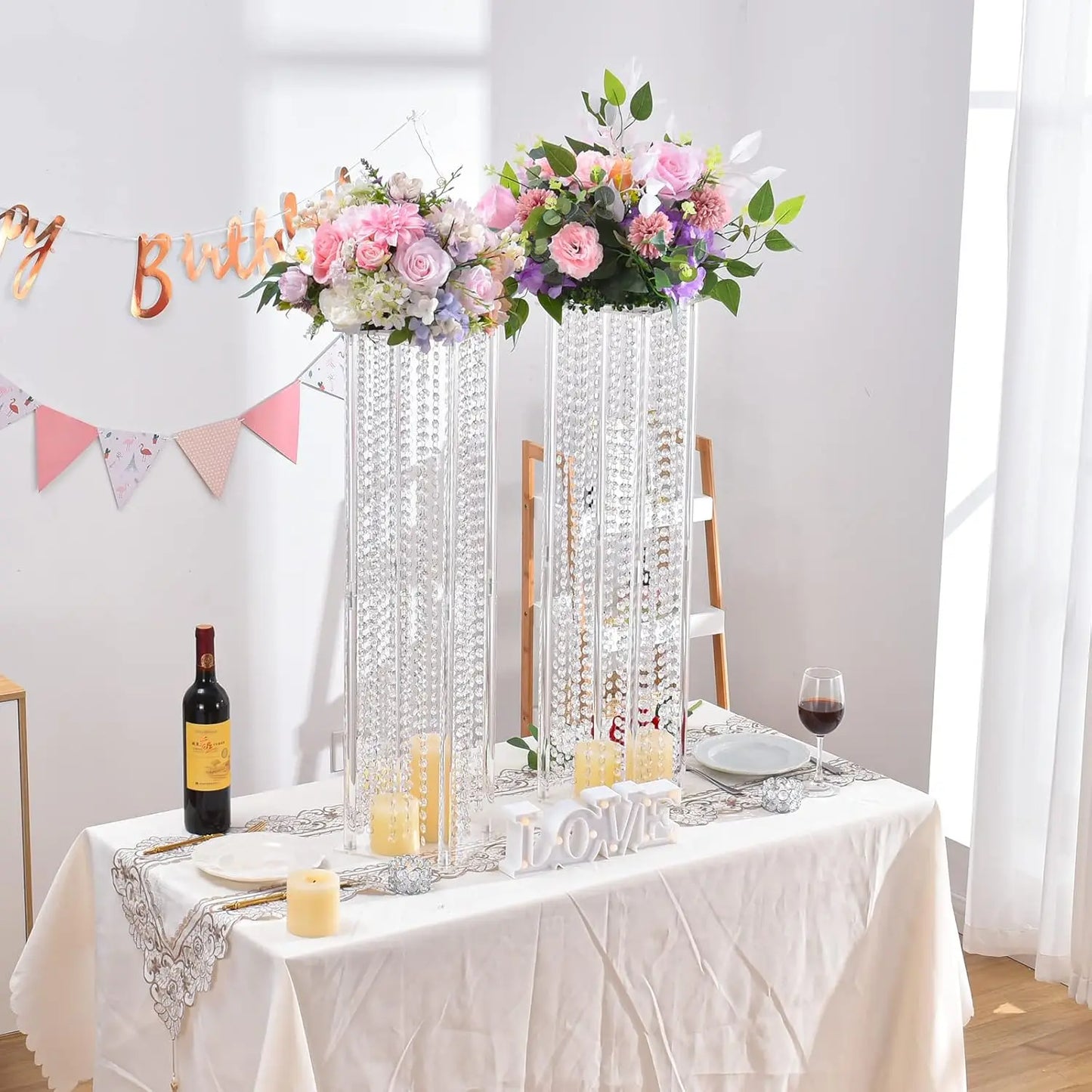 8PCS Acrylic Flower Stand with Crystals Beads for Wedding 31.5 inch Geometric Vase for Tables Column Floral Vase Display Holder