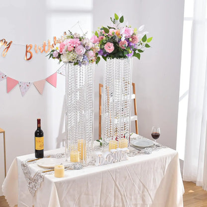 8PCS Acrylic Flower Stand with Crystals Beads for Wedding 31.5 inch Geometric Vase for Tables Column Floral Vase Display Holder
