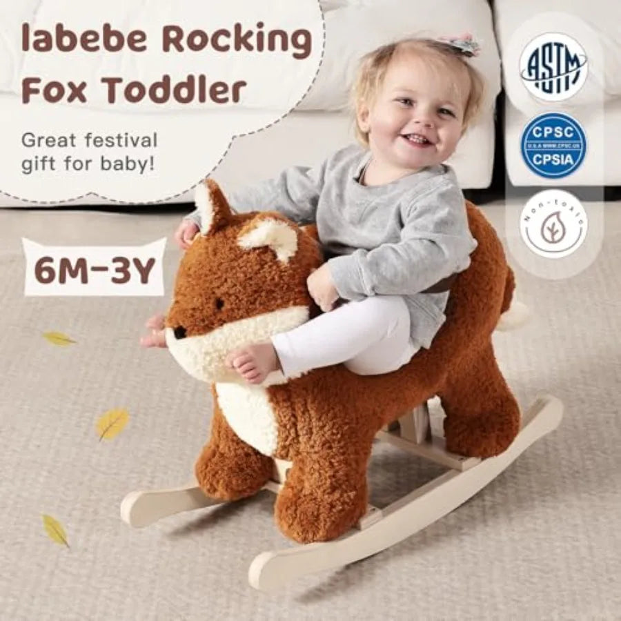 Baby Rocking Horse, Brownish Red Fox Rocking Horse with Seat Belt, Plush Animal Rocker for Kids, Stuffed Rocker Toy for Children