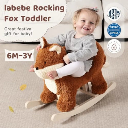 Baby Rocking Horse, Brownish Red Fox Rocking Horse with Seat Belt, Plush Animal Rocker for Kids, Stuffed Rocker Toy for Children