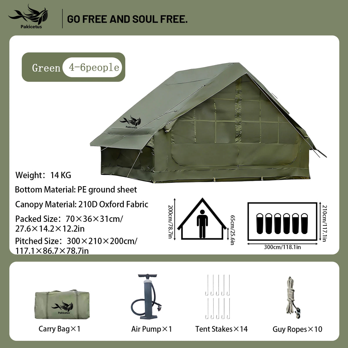 PAKICETUS Luxury Inflatable Glamping Tent 4 Season Anti-Snow Spacious Air Tent with Manual Hand Pump, Easy Setup Polyester Fiber Shelter for Outdoor Camping & Backyard Activities