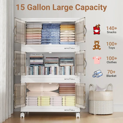 300Qt Stackable Storage Bins with Lid, Extra Large Closet Organizer Collapsible Drawer Boxes with Wheels, Folding Plastic Cabine