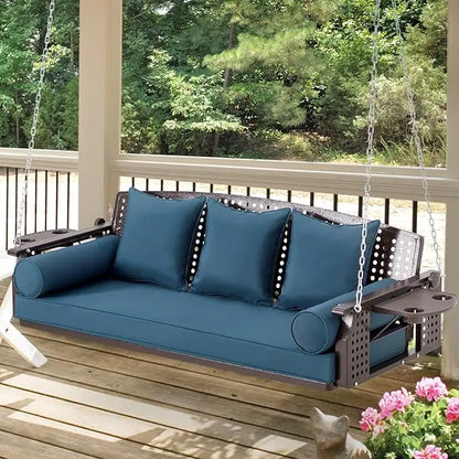 Three Porch Swing Chairs, A Terrace Swing Bench with Cup Holders and Three Cushions, with Chains