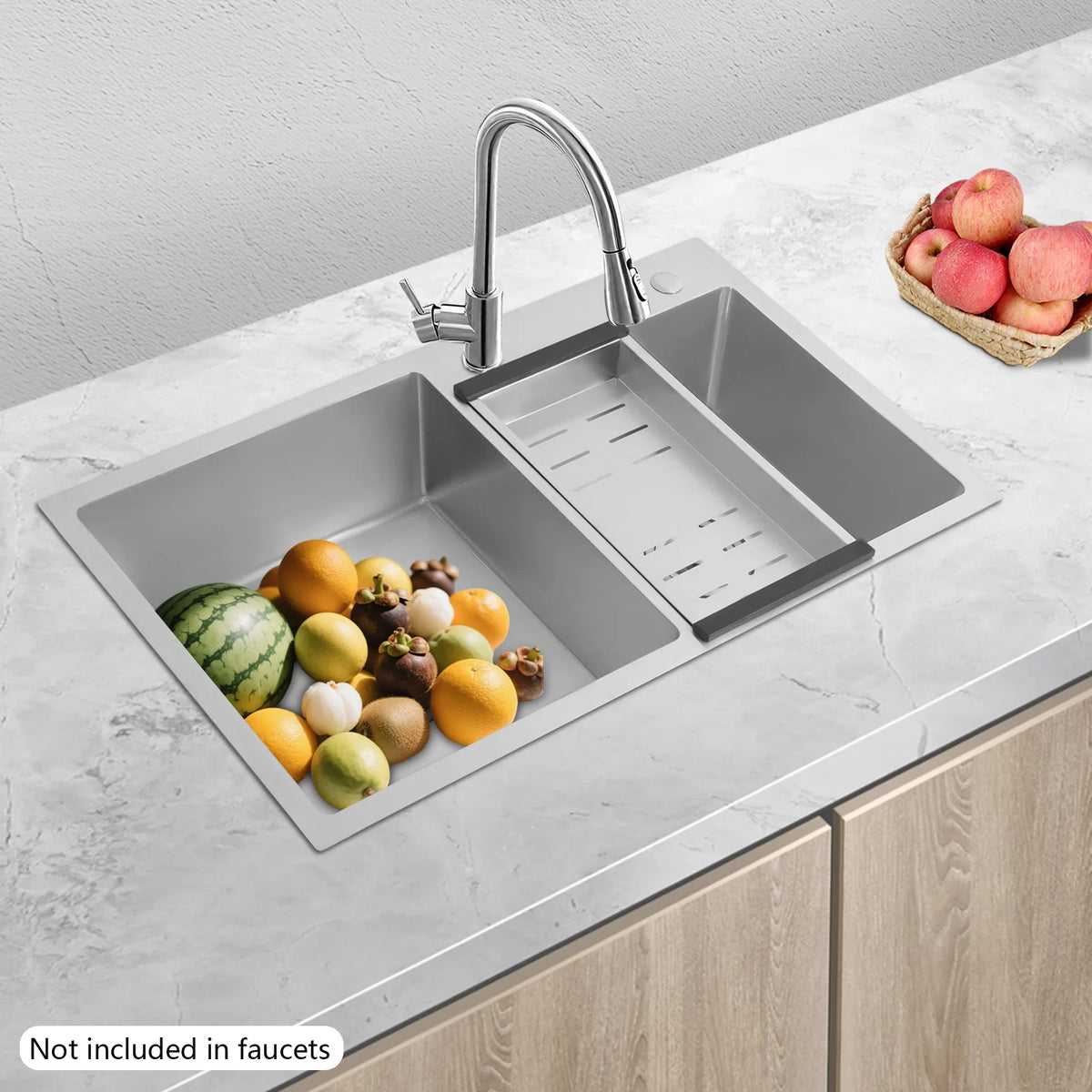 Sturdy Stainless Steel Kitchen Sink, 37.4*38Cm Large Capacity Double Bowl Kitchen Sink, With V-Shaped Drainer,Drain Basket