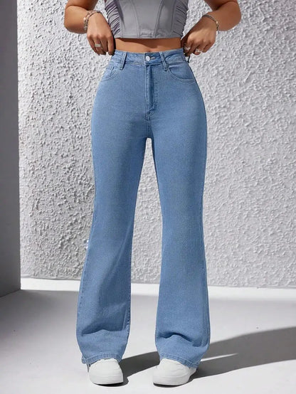 High Waist Wide Leg Washed Denim Jeans for Women - Casual Streetwear Style