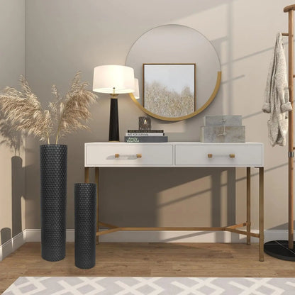 Set of 2 Black Cylinder Floor Vases, Large 27/21in Tall Metal Decorative with Honeycomb Texture for Modern Home Decor