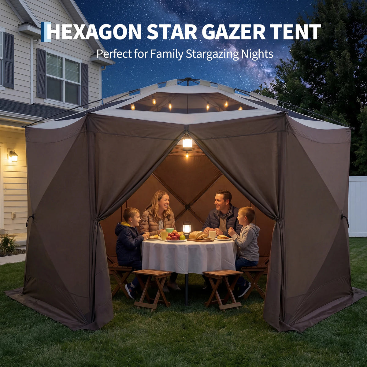 Starry Sky Shed Outdoor Tent with Eaves Hexagonal 13x13FT with 6-sided Screen Khaki/Green 210D Oxford Cloth Large Folding Canopy Screen Tent Ind Cloth, Bite-Proof Mesh, Carry Bag, Easy Setup Outdoor Shelter for Patio, Backyar