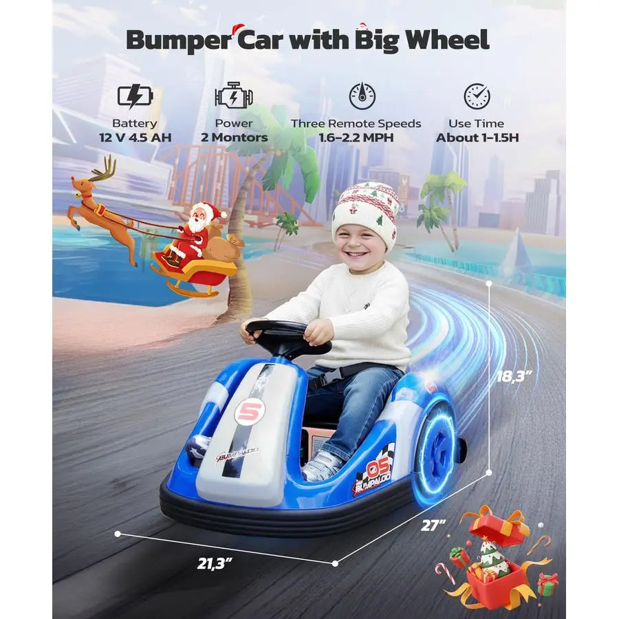 12V Kids Bumper Car with Big Wheel, 2.2 Mph Max, Toddler Bumper Cars with Remote, Baby Bumping Toy Car with DIY Stickers,360 Deg
