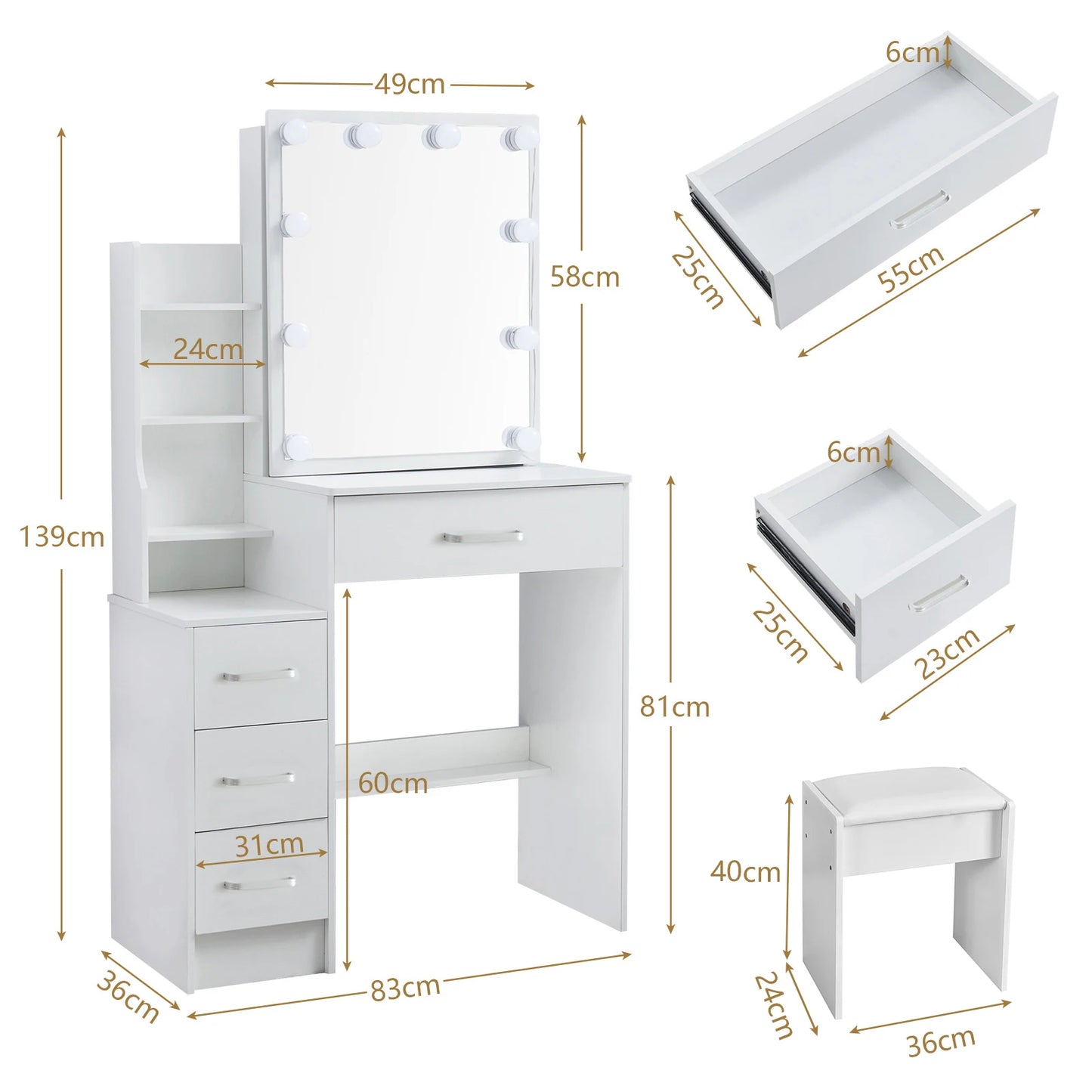 White Makeup Dressing Table W/ Lights Sliding Mirror 4 Drawers Vanity Desk Stool