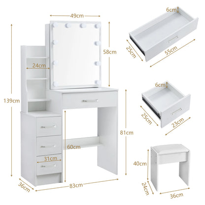 White Makeup Dressing Table W/ Lights Sliding Mirror 4 Drawers Vanity Desk Stool