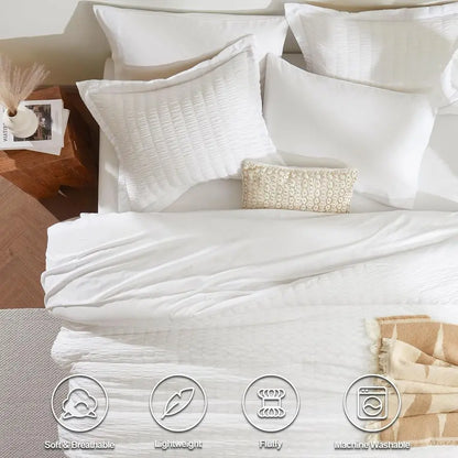 Queen Comforter Set White Seersucker 7 Pieces Bed in a Bag Queen Comforter Set with Sheets, Luxury Soft Bedding Set with Down Al