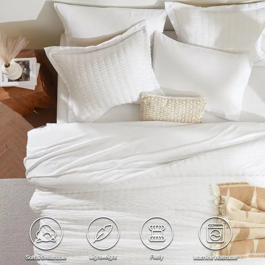 Queen Comforter Set White Seersucker 7 Pieces Bed in a Bag Queen Comforter Set with Sheets, Luxury Soft Bedding Set with Down Al