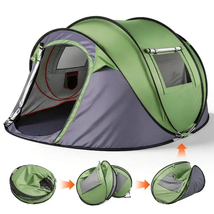 4-Person Pop-Up Camping Tent – Waterproof Family Shelter With Front Awning & Dual Mesh Doors, Automatic Setup For Beach, Festiva