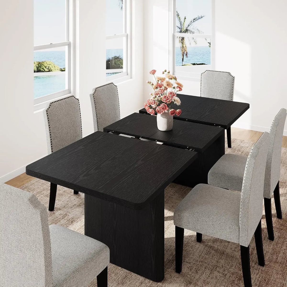 63-82.7 Inch Extendable Dining Table For 8-10, Farmhouse Rectangle Kitchen Table With Rounded Corners, Wood Base For Dining Room