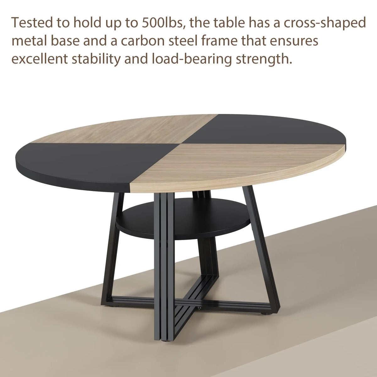 Round Dining Table for 4-6, 47" Kitchen Table with Storage Shelf, Wooden Dinner Table with Metal Base for Home Living Room, No Chairs