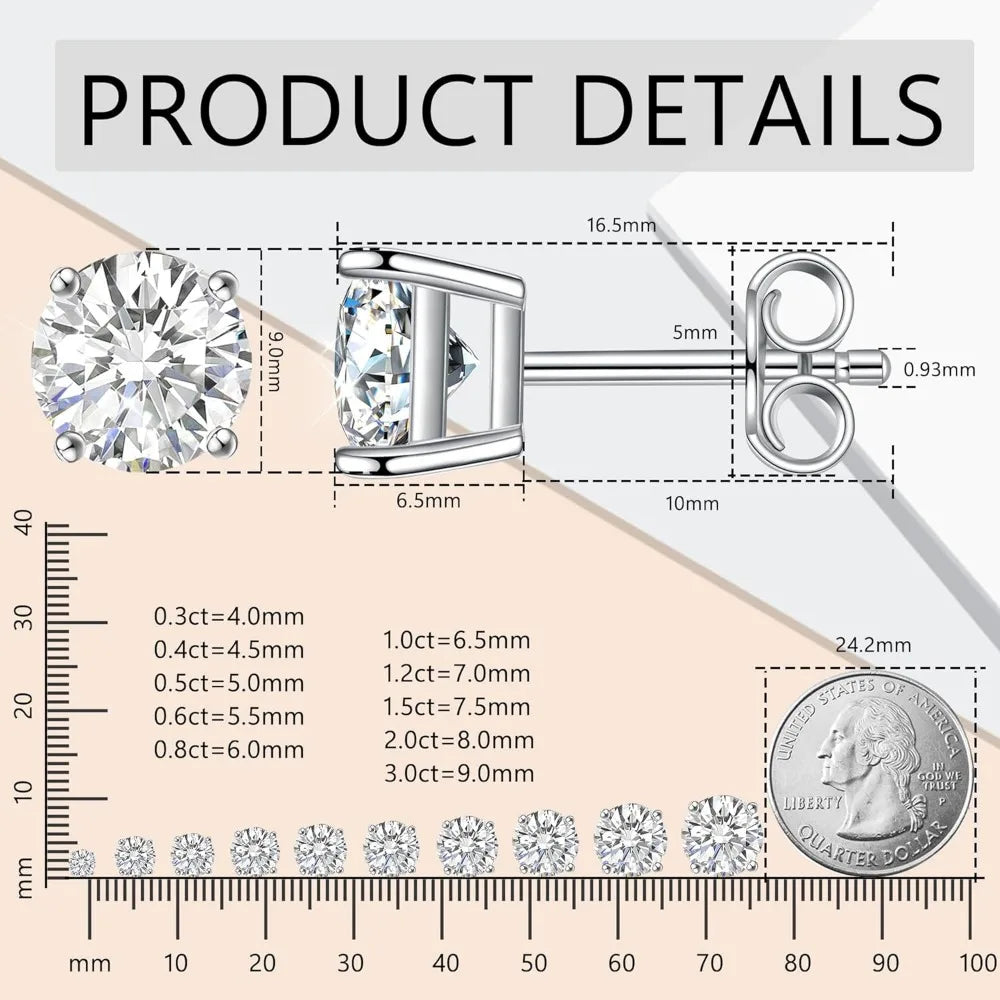 Lab Created Moissanite Earrings, 0.6 to 2 Carats, Brilliant Round Cut, 18K White Gold Plated Sterling Silver, Stud Design