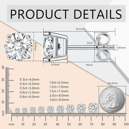 Lab Created Moissanite Earrings, 0.6 to 2 Carats, Brilliant Round Cut, 18K White Gold Plated Sterling Silver, Stud Design