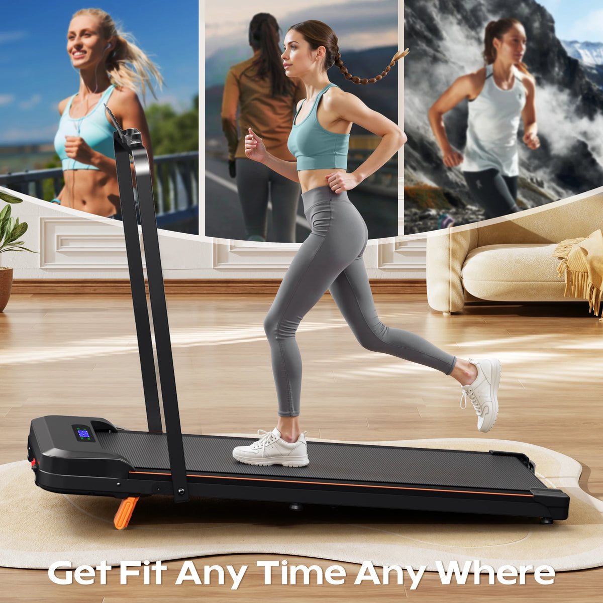 KERDOM 4 in 1 Climbing Treadmill with Handrail Handle Bar, Low Noise Running Pad with 6% Incline for Home Gym Fitness, LED Display & Phone Holder, Under Desk Portable Folding Walking Pad Space Saving for Office/Jogging/Pet Ex