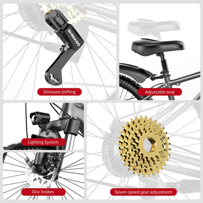 26 inch electric mountain bike, 10.4AAh/13Ah detachable battery, SHIMANO 7speed, peak 1000W brushless silent motor, 25MPH,E-bike