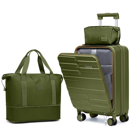3-Piece Luggage Set, 20 inch Lightweight Durable Front-opening Travel Suitcase with Cup Holder, TSA Lock and Spinner Wheels