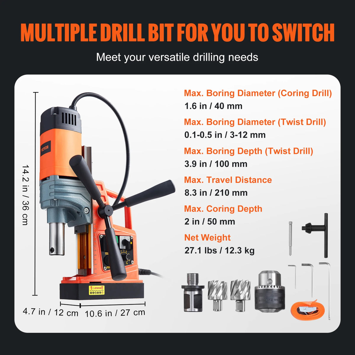 SucceBuy 1300/1550W Drilling Machine Magnetic Drill Portable Electric Mag Drill Press 0-500 RPM Variable Speed for Metal Surface
