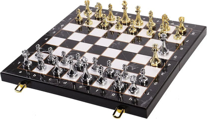 Large Metal Chess Set with Storage, 15' Marbled Board, 32 Zinc Alloy Pieces, 2 Extra Queens, Folding Portable Travel Game