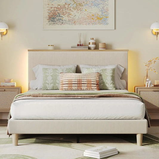Queen Bed Frame with 51-Inch High Corduroy Upholstered Wingback Headboard, Beige, Built-In Charging Station, RGB LED Light, 2 Storage Shelves, Wooden Slats, No Box Spring Needed, Easy Assembly, Squeak-Free