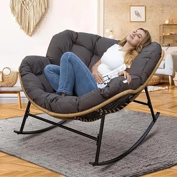Outdoor Papasan Rocking Chair with Padded Cushion, All-Weather Patio Egg Rocker, Large Rattan Glider Indoor, Wide Cozy