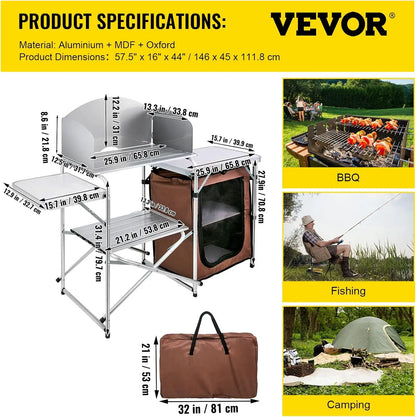 VEVOR Portable Camping Kitchen Table, Aluminum Folding Cook Station with Windscreen, Storage, Carrying Bag, Quick Setup for Outd