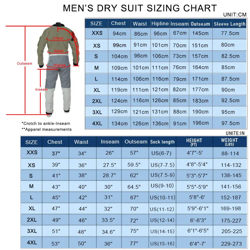 Mens Dry Suit for Cold Water Rafting Paddling Kayaking Sailing Fishing SUP Drysuits Rescue immersion Surfing Breathable Waterproof Suit