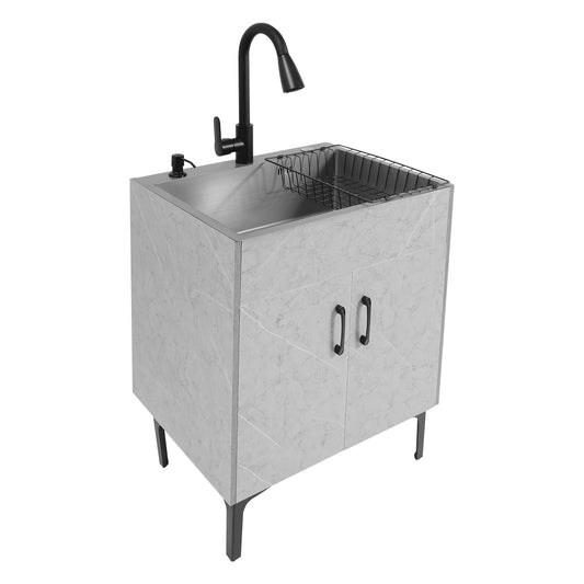 Freestanding Kitchen Sink Cabinet with Pull Out Faucet, Grey Stainless Steel Laundry Utility Sink with Drain Board