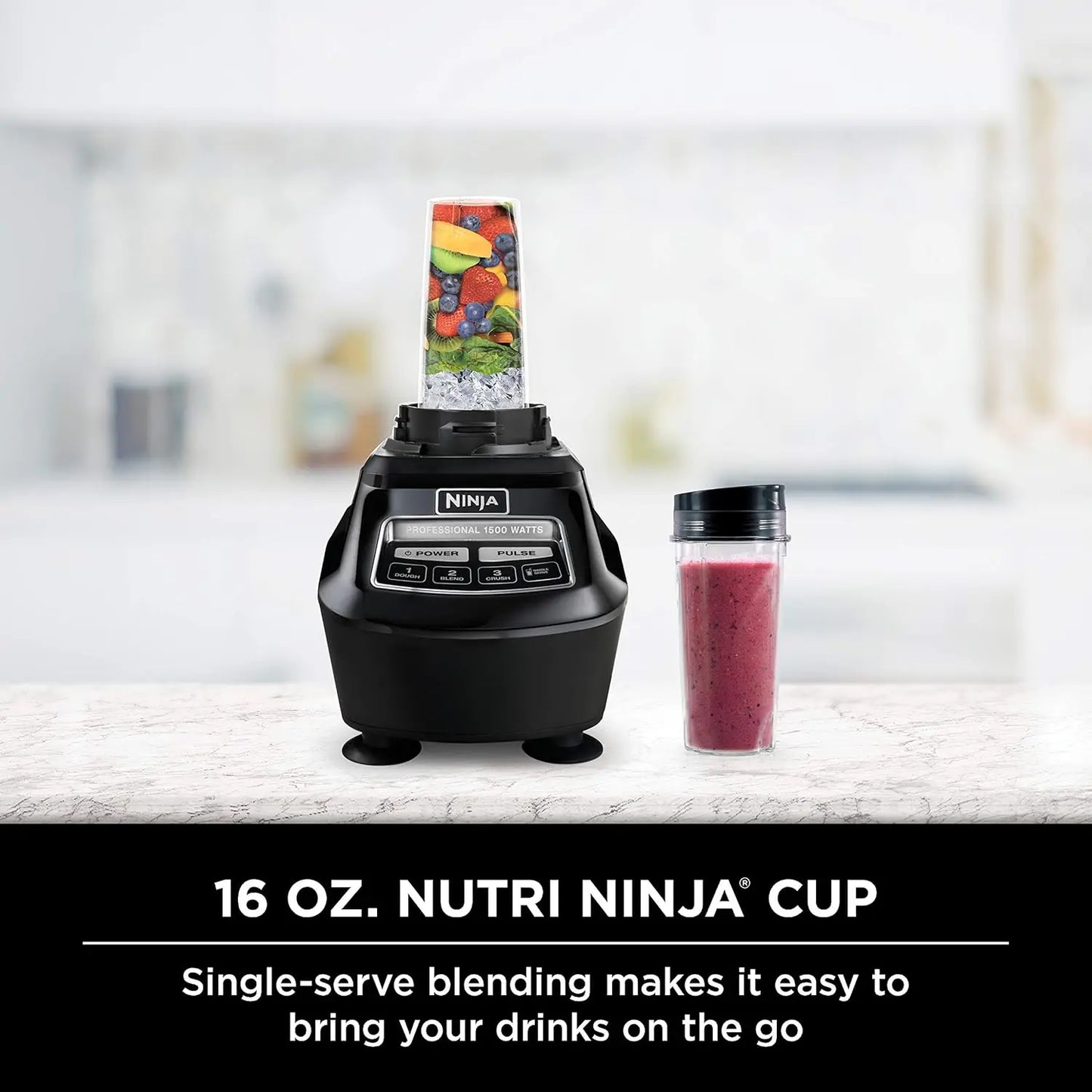 1500W Mega Kitchen System with 72 oz Blender, 8-Cup Food Processor, To-Go Cups - Smoothies, Ice Crushing & More in Black