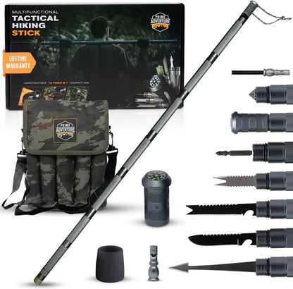 Hiking Tactical Stick - Collapsible Trekking Pole, 15-in-1 Multitool, 8-Tube Outdoor Gear