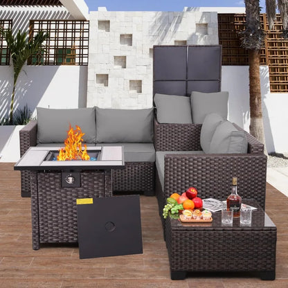 Patio Furniture Set, 5-Piece Outdoor Wicker Sectional Sofa with Loveseat, Brown Rattan, Conversation Area, Storage Included