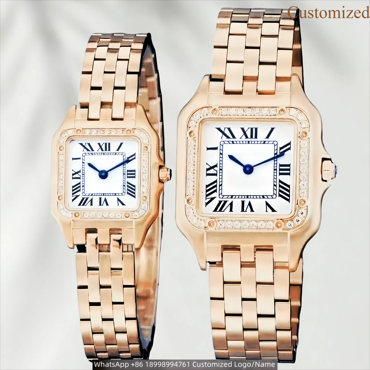 22mm/27mm Vintage Square Tank Style Couple Watches Polished Solid Steel Band White Dial Blue Hands Rhinestone Bezel Fashion Luxury Lovers Pair Customized Watch