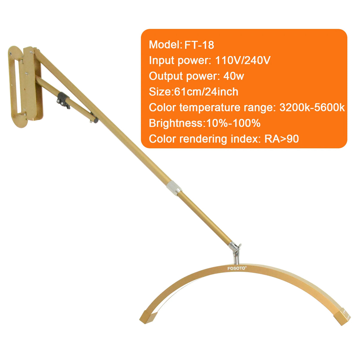 Fosoto Rotatable Long Arm Wall Mounted Half Moon Lamp 40W LED Fill Light for Lashes Beauty Tattoo Nail Supplement Light