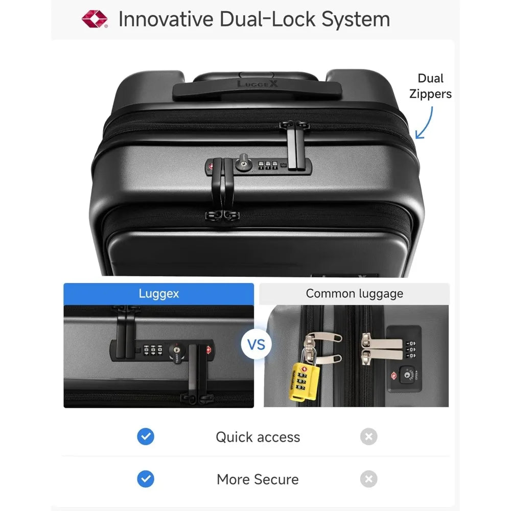 LUGGEX 22x14x9 Inch Expandable Polycarbonate Carry-On Suitcase with Front Pocket - FX-Core Black, 20 Inch