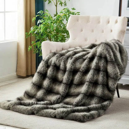 High-end Premium Fuzzy Faux Wolf Fur Throw Blanket 50" x 60", Luxury Cozy Accent Thick Animal Skin Fluffy Fox Blanket for Couch