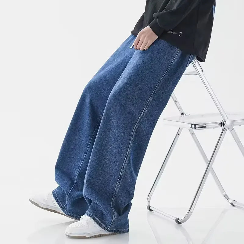 2025 New Korean Men's Casual Long Jeans Classic Man Straight Denim Wide-leg Pants Solid Color Light Blue Grey Black