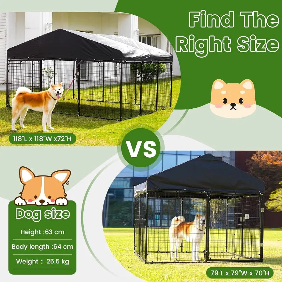 Large Outdoor Dog Enclosure Heavy Duty Dog Cage with Roof Galvanized Steel Dog Kennel Fence with Double Safety Locks 6.56ft x 6