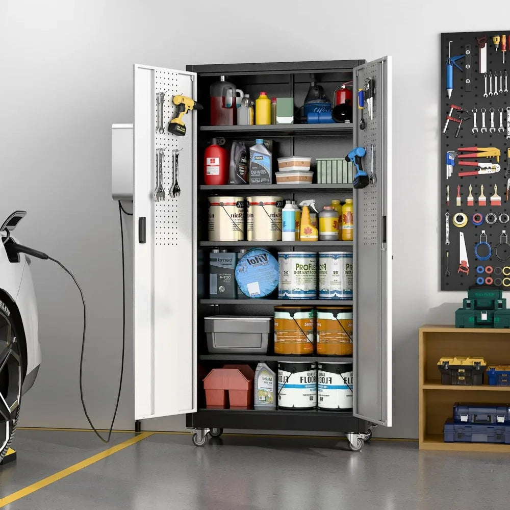 Adjustable Shelves Metal Garage Storage Cabinet with Wheels, 71 Tall, Lockable Doors, and Pegboard for Garage Organization