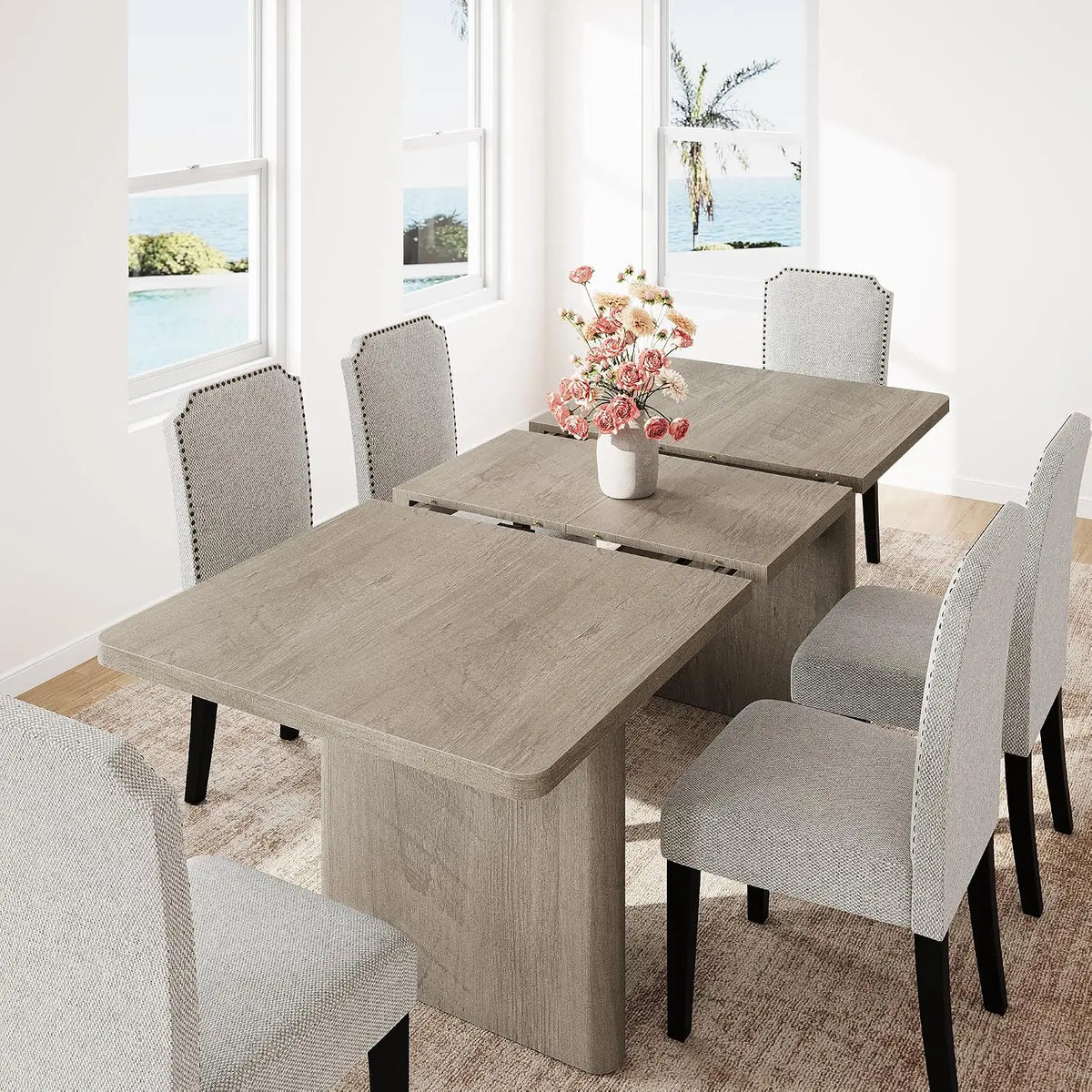 63-82.7 Inch Extendable Dining Table For 8-10, Farmhouse Rectangle Kitchen Table With Rounded Corners, Wood Base For Dining Room