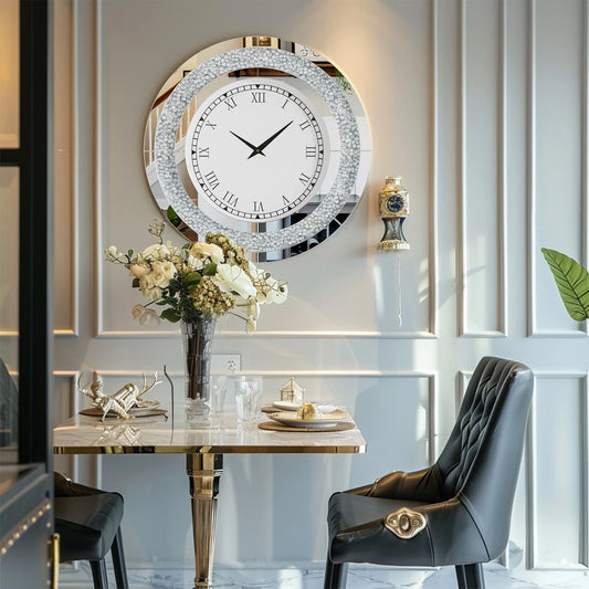 Silver,Tawny Tinted Round Mirror ,24inch Crystal Sparkle Twinkle Bling Crush Diamond Large Mirrored Wall Clock for Living Room