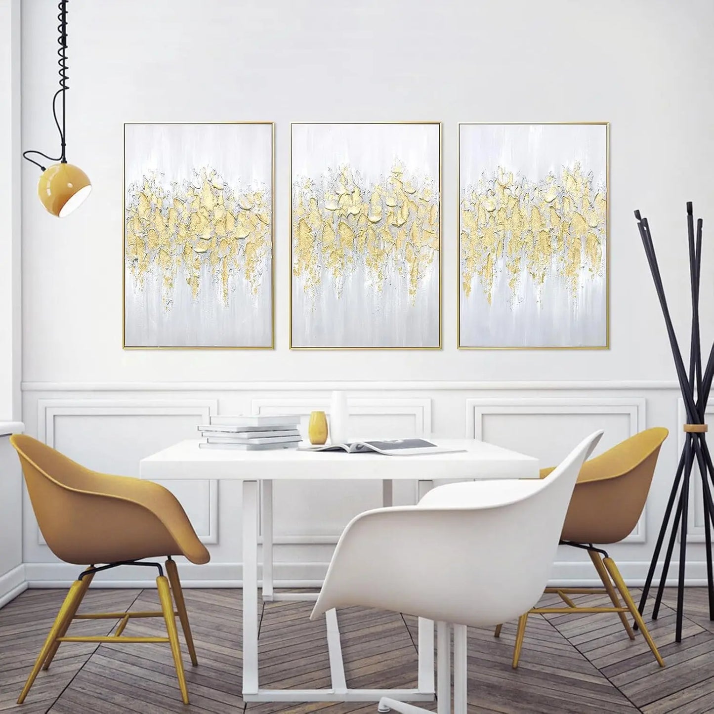 Abstract Gold Wall Art Set of 3 Hand-Painted Canvas Panels for Living Room Bedroom Modern Decor