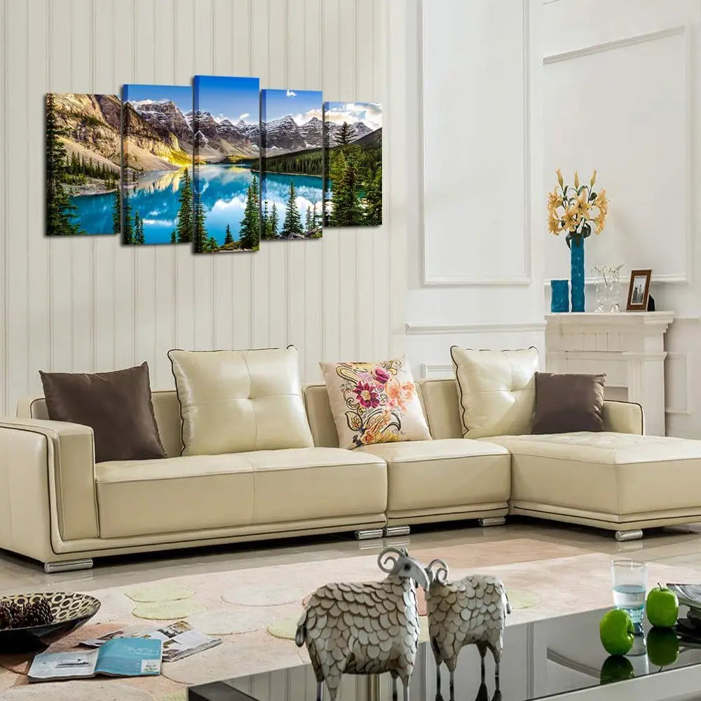 5-Piece Canvas Wall Art Set - Moraine Lake & Rocky Mountains Landscape, Large 60x32 Inch Modern Painting for Home Decor