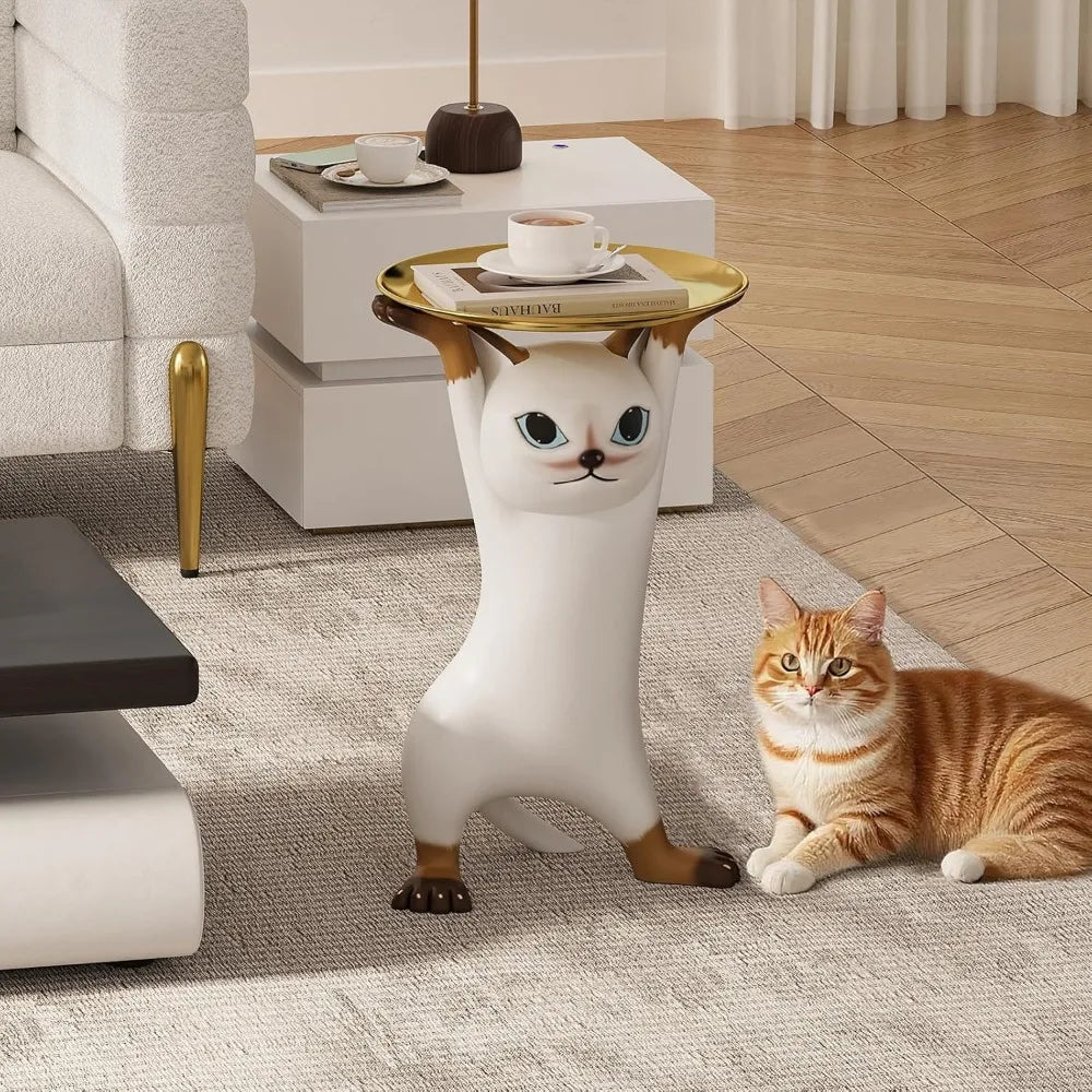 Whimsical Cat Statue Accent Table with Gold Tray, Resin Animal Side Table for Living Room, Bedroom, Entryway