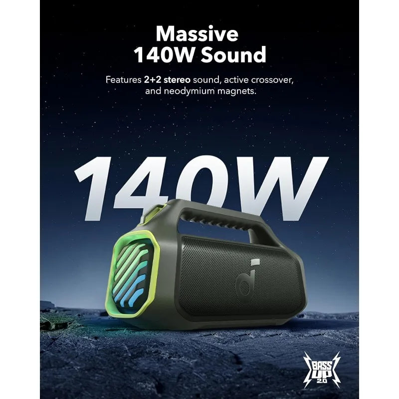 Boom 2 Plus By Anker, Outdoor Speaker, 140W, 2+2 Channel, BassUp 2.0, 20H Playtime, Fast Charge, IPX7 Waterproof, RGB